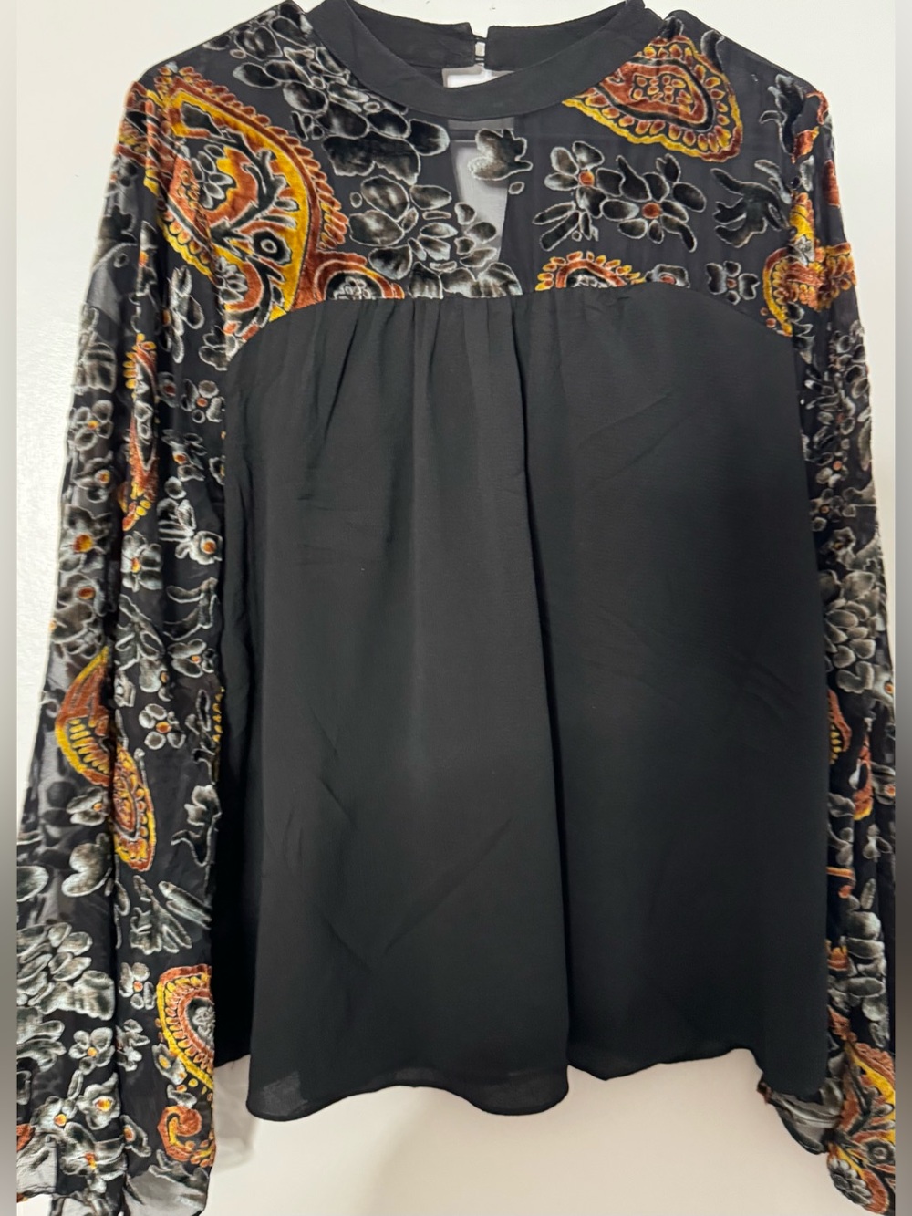 Umgee Black Long-Sleeve Mixed Print Blouse with Orange Accents sheer md fall